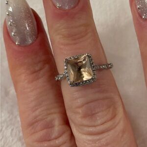 Sterling Silver Princess Cut Morganite Halo Ring Size 6 3/4